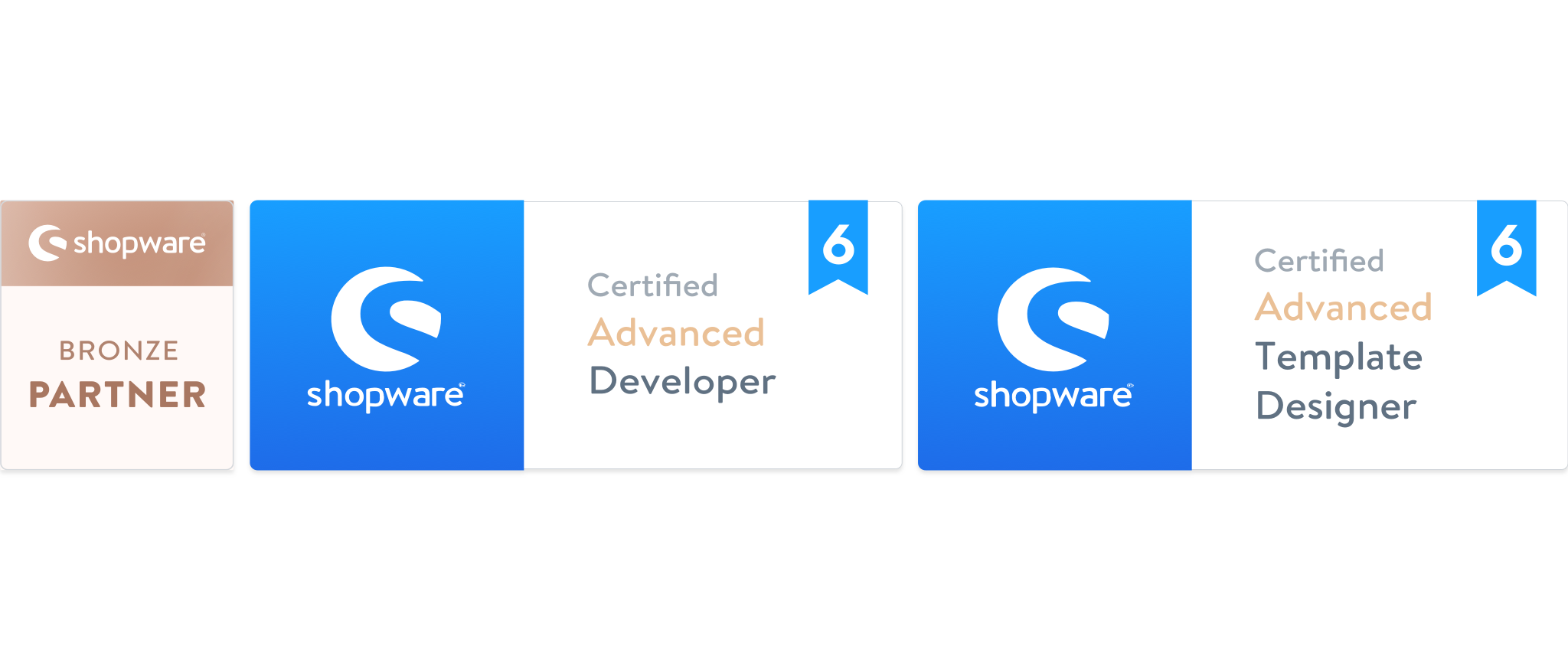 Signets von Shopware-Zertifizierungen, welche twocream hat (Bronze Partner, Certified Advanced Developer, Certified Template Designer).